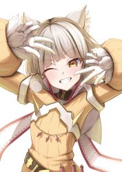 Rule 34 | 1girl, animal ear fluff, animal ears, arm up, blunt ends, bodysuit, brown eyes, commentary request, gloves, grey hair, grin, hand up, highres, long sleeves, looking at viewer, nia (xenoblade), okazu2010015, one eye closed, puffy long sleeves, puffy sleeves, simple background, sleeves past wrists, smile, solo, upper body, w, white background, white gloves, xenoblade chronicles (series), xenoblade chronicles 2, yellow bodysuit