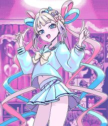 Rule 34 | 1girl, :d, blonde hair, blue bow, blue eyes, blue hair, blue nails, blue serafuku, blue shirt, blue skirt, blunt bangs, bow, chouzetsusaikawa tenshi-chan, commentary, cowboy shot, curtains, eencya, english commentary, hair bow, hair ornament, hands up, heart, heart hair ornament, index fingers raised, indoors, internet yamero, long hair, long sleeves, looking at viewer, midriff, miniskirt, multicolored hair, multicolored nails, multiple hair bows, nail polish, needy girl overdose, official art, open mouth, pillow, pink bow, pink hair, pink nails, pixel art, pleated skirt, pointing, pointing up, poster (object), purple bow, quad tails, school uniform, second-party source, serafuku, shirt, skirt, smile, solo, standing, yellow bow