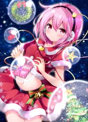 Rule 34 | 1girl, blush, bow, breasts, candy, capelet, chocolate, chocolate bar, christmas, christmas lights, christmas tree, closed mouth, collarbone, commentary, cowboy shot, crop top, earmuffs, expressionless, eyeball, food, fur trim, hair between eyes, heart, highres, hyurasan, komeiji satori, light particles, looking at viewer, merry christmas, midriff, miniskirt, navel, pink hair, pleated skirt, pom pom (clothes), purple eyes, red bow, red capelet, red shirt, red skirt, santa costume, shirt, short hair, sidelocks, skirt, small breasts, snow globe, snowflake print, solo, standing, star (symbol), starry background, stomach, striped, third eye, touhou, wreath