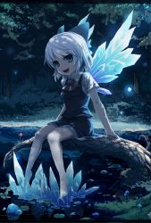Rule 34 | 1girl, bare legs, barefoot, blue dress, blue eyes, blue skirt, bow, cirno, dress, forest, frozen, hair bow, ice, ice wings, letterboxed, nature, night, open mouth, pond, ranka (tonbo), revision, shirt, short hair, silver hair, sitting, skirt, smile, solo, touhou, water, wings