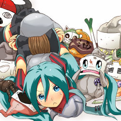 Rule 34 | 1girl, :&lt;, bdsm, blue eyes, blue hair, blush, bondage, bound, bound arms, detached sleeves, hatsune miku, highres, long hair, lying, matching hair/eyes, necktie, puppet, rope, solo, spring onion, stuffed animal, stuffed toy, tears, twintails, vocaloid, wadatsumi (abura23)
