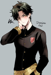 Rule 34 | 1boy, black hair, black jacket, black pants, blush, buttons, character name, closed mouth, collared shirt, damian desmond, eden academy school uniform, gold trim, grey background, hand in pocket, hand on own cheek, hand on own face, jacket, long sleeves, looking at viewer, male focus, nair (mindcreator), pants, parted bangs, school uniform, shirt, short hair, solo, spy x family, upper body, white shirt, yellow eyes