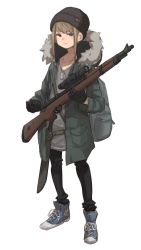Rule 34 | 1girl, backpack, bag, black gloves, black hat, black legwear, blue footwear, bolt action, brown hair, dog tags, full body, gloves, gun, hat, highres, light smile, mauser 98, military, original, rifle, scope, sheath, sheathed, shirt, shoes, skullcap, sneakers, solo, standing, t-shirt, tabao, weapon, weapon request
