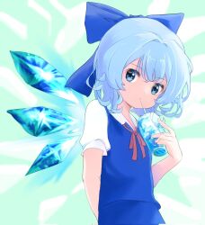Rule 34 | 1girl, arm behind back, blue bow, blue eyes, blue hair, bow, cirno, commentary request, cup, detached wings, drinking, hair bow, highres, holding, holding cup, ice, ice wings, looking at viewer, mikan (manmarumikan), short hair, short sleeves, solo, touhou, upper body, wings