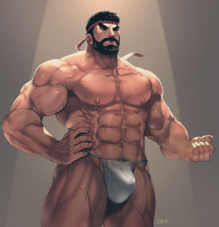 Rule 34 | 1boy, abs, absurdres, artist name, bara, beard, bulge, clenched hand, closed mouth, facial hair, fundoshi, hand on own hip, headband, highres, japanese clothes, large pectorals, male focus, mature male, muscular, muscular male, navel, nipples, pectorals, red headband, rybiok, ryu (street fighter), scar, scar on arm, scar on chest, scar on leg, solo, street fighter, street fighter 6, thick eyebrows, thick thighs, thighs, veins, veiny arms