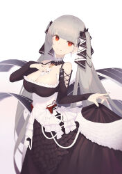 Rule 34 | 1girl, azur lane, bare shoulders, between breasts, black dress, black nails, blush, breasts, cleavage, dress, formidable (azur lane), frilled dress, frills, grey hair, hair ribbon, highres, large breasts, long hair, looking at viewer, necktie, necktie between breasts, red eyes, ribbon, shigma, simple background, solo, twintails, two-tone dress, two-tone ribbon, very long hair, white background