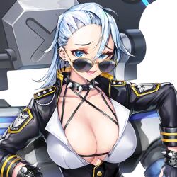 1girl black_gloves blue_eyes bracelet breasts bumcha cleavage collar collarbone covered_erect_nipples ear_piercing earrings epaulettes eyelashes female_focus fingerless_gloves forehead game_cg gloves hair_between_eyes high_collar hoop_earrings jewelry large_breasts last_origin long_hair long_sleeves looking_at_viewer machinery official_art open_mouth piercing police police_uniform policewoman smile sonia_of_devastation spiked_bracelet spiked_collar spikes sunglasses transparent_background upper_body white_hair wrist_belt