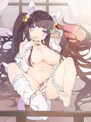 Rule 34 | 1girl, animal ear fluff, animal ears, bad id, bad pixiv id, barefoot, bed, bed sheet, black ribbon, blunt bangs, blush, bow, bow panties, breasts, bridal garter, brown hair, cat ears, cat girl, cat tail, cleavage, closed mouth, collarbone, cream, cream on face, crepe, curtains, dress shirt, feet, finger to mouth, food, food on face, fruit, full body, glint, hair bobbles, hair ornament, hands up, holding, holding food, indoors, kneehighs, large breasts, legs up, long hair, long sleeves, looking at viewer, loose thighhigh, lying, navel, neck ribbon, no bra, on back, on bed, open clothes, open shirt, original, panties, pillow, purple eyes, red bow, ribbon, shirt, side-tie panties, single kneehigh, single sock, smile, socks, soles, solo, stomach, strawberry, striped clothes, striped panties, sul-lin-a (hurukku), tail, toenails, tsuka, twintails, underwear, very long hair, white shirt, white socks, window