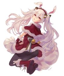 Rule 34 | 1girl, alternate costume, animal ears, ass, azur lane, bell, black pantyhose, boots, bow, capelet, commentary request, cross-laced footwear, dress, full body, fur-trimmed boots, fur-trimmed capelet, fur-trimmed dress, fur-trimmed gloves, fur trim, gloves, hair bow, hairband, highres, holding, holding sack, karinto yamada, lace-up boots, laffey (azur lane), long hair, looking at viewer, looking to the side, pantyhose, parted lips, purple eyes, rabbit ears, red capelet, red dress, red footwear, red gloves, red hairband, sack, santa boots, santa costume, santa gloves, signature, simple background, solo, striped, striped bow, twintails, very long hair, white background, white hair