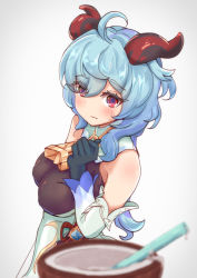 Rule 34 | 1girl, ahoge, autumn leaves (tail fox), bare shoulders, bell, blue hair, blurry, blush, breasts, coconut, cowbell, depth of field, detached sleeves, drink, drinking straw, from side, ganyu (genshin impact), genshin impact, goat horns, half-closed eyes, highres, horns, long hair, looking at viewer, low ponytail, medium breasts, neck bell, red eyes, simple background, solo, sweatdrop, white background