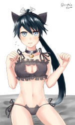 Rule 34 | 10s, 1girl, animal ears, aqua eyes, bell, neck bell, neck bell, black bra, black panties, blush, bra, captainkuma, cat cutout, cat ear panties, cat ears, cat lingerie, choker, cleavage cutout, clothing cutout, collar, frilled bra, frills, houshou (kancolle), jingle bell, kantai collection, meme attire, navel, panties, side-tie panties, solo, stomach, underwear, underwear only
