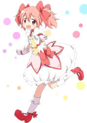 Rule 34 | 10s, 1girl, :d, blush, bow, bubble skirt, dress, gloves, hair bow, hair ribbon, kaname madoka, magical girl, mahou shoujo madoka magica, mahou shoujo madoka magica (anime), massala, open mouth, pink eyes, pink hair, red eyes, ribbon, running, short hair, short twintails, skirt, smile, solo, twintails, white gloves