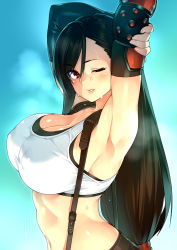 Rule 34 | 1girl, 23 (real xxiii), absurdres, armpits, black hair, blue background, breasts, cleavage, female focus, final fantasy, final fantasy vii, from side, highres, large breasts, long hair, looking at viewer, low-tied long hair, midriff, navel, one eye closed, parted lips, red eyes, smile, solo, suspenders, sweat, tifa lockhart, upper body, very long hair, wink
