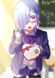 Rule 34 | 1girl, black thighhighs, blazer, blue hair, blue skirt, blurry, blurry background, blush, bow, box, braid, cardigan, collared shirt, depth of field, gift, gift box, glasses, grey cardigan, hair over one eye, heart-shaped box, highres, holding, holding gift, indoors, jacket, kitasaya ai, long sleeves, looking away, looking to the side, open clothes, open jacket, original, pleated skirt, purple-framed eyewear, purple bow, purple eyes, purple jacket, school uniform, shirt, short hair, skirt, sleeves past wrists, solo, thighhighs, virtual youtuber, white shirt