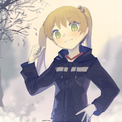 Rule 34 | 1girl, bare tree, black jacket, blonde hair, blush, boa (brianoa), branch, commentary, drawstring, english commentary, green eyes, grin, hair bobbles, hair ornament, hand on own hip, hand up, head tilt, highres, hood, hood down, hooded jacket, hoodie, ibarazaki emi, jacket, katawa shoujo, light brown hair, long sleeves, looking at viewer, outdoors, pocket, pointing, pointing at self, short hair, sketch, smile, solo, tree, twintails, twitter username, upper body