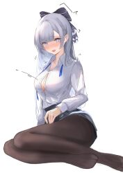 Rule 34 | 1girl, @ @, argus (a hundred sleepless eye) (azur lane), argus (azur lane), arm support, azur lane, blue ribbon, blunt bangs, blush, braid, breasts, brown pantyhose, cleavage, closed mouth, collarbone, collared shirt, eyelashes, grey eyes, grey hair, grey skirt, hair ribbon, highres, large breasts, leaning to the side, legs, long hair, long sleeves, looking at viewer, miniskirt, miya takanashi, neck ribbon, no shoes, official alternate costume, open mouth, pantyhose, partially unbuttoned, pleated skirt, popped button, ribbon, shirt, sidelocks, simple background, sitting, skirt, solo, thighs, toes, white background, white shirt, yokozuwari