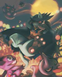Rule 34 | blue ribbon, clothed pokemon, commentary request, creatures (company), fang, fang out, game freak, gastly, gen 1 pokemon, gen 3 pokemon, gen 4 pokemon, gengar, hat, highres, joez, lucario, lucario (costume party), moon, neck ribbon, night, nintendo, outdoors, pokemon, pokemon (creature), pokemon unite, red eyes, ribbon, sableye, shuppet, sky, soles, toes
