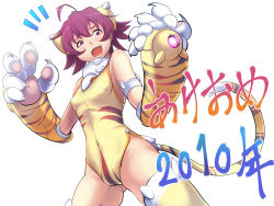 Rule 34 | 10s, 1girl, 2010, ^^^, ahoge, animal ears, animal hands, animal print, fang, female focus, mecha musume, new year, open mouth, original, painpa, purple eyes, purple hair, solo, tail, thighhighs, tiger ears, tiger print, tiger tail, white background