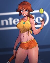 Rule 34 | 1girl, alternate hairstyle, ball, blue eyes, breasts, brown hair, highres, kluverdesigns, large breasts, legs, lipstick, looking at viewer, low ponytail, makeup, mario (series), mario tennis, mario tennis aces, midriff, motion blur, navel, nintendo, one-piece tan, princess, princess daisy, racket, seductive smile, shirt, short hair, shorts, smile, solo, sweat, tan, tanline, tennis ball, tennis daisy, tennis racket, thighs, tied shirt, toned