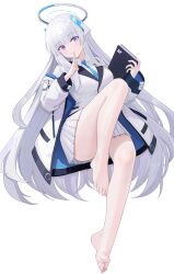 Rule 34 | 1girl, absurdres, ass, barefoot, blue archive, blue necktie, blush, closed mouth, collared shirt, formal, full body, grey hair, halo, highres, jacket, long hair, long sleeves, looking at viewer, mechanical halo, necktie, noa (blue archive), open clothes, open jacket, pleated skirt, purple eyes, shirt, simple background, skirt, smile, solo, suit, toes, two-sided fabric, two-sided jacket, white background, white jacket, white shirt, white skirt, xiongji z z