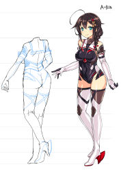 Rule 34 | 1girl, ahoge, ass, bare shoulders, black leotard, blue eyes, blush, boots, bow, braid, breasts, brown hair, closed mouth, contrapposto, elbow gloves, gloves, hair bow, hair flaps, hair ornament, hair over shoulder, high heel boots, high heels, highres, kantai collection, leotard, light blush, looking at viewer, medium breasts, multiple views, red bow, satou kuuki, shigure (kancolle), smile, standing, thigh boots, thighhighs, white footwear, white gloves