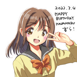 Rule 34 | 1girl, artist name, artist request, blush, bow, bowtie, breasts, brown eyes, brown hair, buttons, cardigan, close-up, collarbone, dated, eyebrows, female focus, floating hair, grey sailor collar, hair between eyes, highres, kunikida hanamaru, light brown hair, long hair, long sleeves, looking at viewer, love live!, love live! sunshine!!, medium breasts, orange bow, parted lips, sailor collar, school uniform, skirt, sleeves past wrists, smile, solo, sweater, upper body, uranohoshi school uniform, v, v over eye, vest, wavy hair, white background, yellow cardigan, yellow eyes, yellow sweater