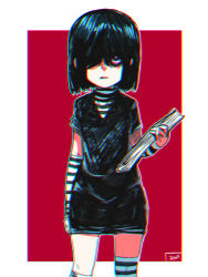 Rule 34 | 1girl, black hair, child, chromatic aberration, goth fashion, hair over one eye, jcm2, lucy loud, medium hair, nickelodeon, red background, striped, the loud house, thighhighs