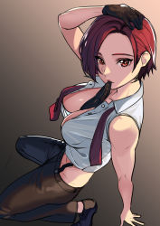 Rule 34 | 1girl, absurdres, bare shoulders, biting, biting clothes, breasts, cleavage, gloves, hand on own head, highres, kagematsuri, kneeling, large breasts, midriff, mature female, necktie, red eyes, red hair, shirt, shoes, short hair, single glove, sleeveless, sleeveless shirt, solo, suspenders, the king of fighters, unbuttoned, unbuttoned shirt, untied, vanessa (kof)