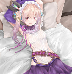 Rule 34 | 1girl, absurdres, armpits, arms up, atelier (series), atelier lydie &amp; suelle, bed, belt, belt buckle, blush, breasts, brown belt, buckle, commentary request, dress, hair between eyes, highres, indoors, light brown hair, long hair, looking at viewer, lydie marlen, lying, medium breasts, on back, on bed, parted lips, pillow, pleated skirt, purple skirt, red eyes, ribbed dress, ribbon-trimmed sleeves, ribbon trim, ru zhai, side ponytail, sideboob, sidelocks, skirt, solo, wavy mouth, white dress
