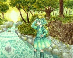 Rule 34 | 1girl, bad id, bad pixiv id, female focus, forest, hand on own hip, hat, hip focus, kawashiro nitori, nature, river, shiratama (hockey), shirodama, solo, touhou, traditional media, tree, two side up, wading, water