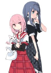 2girls animal black_shirt black_sleeves blue_eyes blue_hair earrings holding holding_animal jewelry kamihama_university_affiliated_school_uniform layered_sleeves long_sleeves looking_at_another magia_record:_mahou_shoujo_madoka_magica_gaiden mahou_shoujo_madoka_magica multiple_girls nanami_yachiyo pink_eyes pink_hair plaid_clothes plaid_skirt polka_dot polka_dot_skirt red_skirt sailor_collar school_uniform serafuku shiroshi_(denpa_eshidan) shirt short_over_long_sleeves short_sleeves skirt small_kyubey tamaki_iroha white_background