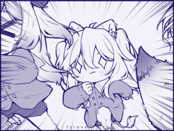 &gt;_&lt; +_+ 3girls :3 aged_down animal_ear_fluff animal_ear_piercing animal_ears artist_name black_border blush border chasing chibi chibi_only emphasis_lines forever9nine full_body greyscale hololive kindergarten_uniform lion_ears lion_girl lion_tail momosuzu_nene monochrome multiple_girls omaru_polka running sailor_collar shishiro_botan solo_focus tail two_side_up virtual_youtuber