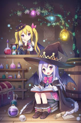 Rule 34 | 2girls, barrel, blonde hair, book, bottle, bow, breasts, crescent, demon wings, detached sleeves, frilled skirt, frills, hair ornament, hair ribbon, hat, hexagram, highres, hourglass, light, long hair, mauve, multiple girls, official art, original, paper, pink bow, pink eyes, pink skirt, pio (potion maker), plant, pointy ears, potion, potion maker, purple eyes, purple hair, ribbon, shoes, sitting, sitting on object, skirt, smile, star (symbol), thighs, tia (potion maker), treasure chest, tree, twintails, wings, witch hat, wooden floor