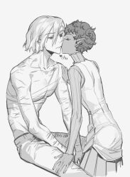 Rule 34 | 2boys, bags under eyes, closed eyes, curly hair, dark-skinned male, dark skin, dungeon meshi, elf, gorget, hand on another&#039;s leg, hand on another&#039;s shoulder, highres, kabru, kabru (elf), kiss, kissing cheek, lazy eye, long sleeves, male focus, mithrun, mithrun (tallman), miyu kumo, monochrome, multiple boys, multiple scars, notched ear, pants, pectorals, pointy ears, scar, short hair, simple background, sitting, topless male, tunic, uneven eyes, wavy hair, white background, yaoi