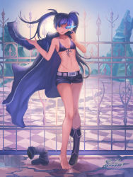 Rule 34 | absurdres, barefoot, black jacket, black rock shooter, black rock shooter (character), blue eyes, blue sky, boots, breasts, checkered floor, coat, dated, fence, gate, glowing, glowing eye, highres, jacket, looking at viewer, midriff, navel, outdoors, puddle, ruins, scar, shoes, single boot, single shoe, sky, small breasts, solo, standing, trench coat, twintails, unworn boot, unworn boots, yan guang aoxiang, zipper
