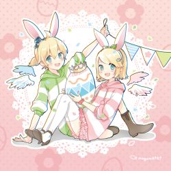 Rule 34 | 1boy, 1girl, animal ears, binchou maguro, blonde hair, blue eyes, bow, brother and sister, commentary, crown, easter, easter egg, egg, floral print, food, green bow, hair bow, hair ornament, hairband, hairclip, hat, highres, holding, holding egg, holding food, hood, hoodie, kagamine len, kagamine rin, knees up, lace background, looking at viewer, mini hat, open mouth, polka dot, polka dot background, rabbit ears, short ponytail, siblings, sitting, smile, string of flags, striped clothes, striped hoodie, swept bangs, thighhighs, twins, twitter username, vocaloid, white thighhighs, wings