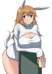 Rule 34 | 1girl, animal ears, arms under breasts, blue eyes, breasts, brown hair, chair, charlotte e. yeager, cleavage, cleavage cutout, clothing cutout, cup, grin, holding, holding cup, komusou (jinrikisha), large breasts, leaning on object, long hair, long sleeves, meme attire, mug, no pants, open-chest sweater, panties, rabbit ears, rabbit girl, rabbit tail, ribbed sweater, simple background, sleeves past wrists, smile, solo, standing, strike witches, sweater, tail, turtleneck, turtleneck sweater, underwear, white background, white panties, white sweater, world witches series