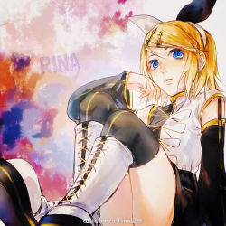 Rule 34 | 1girl, aihara-rina, artist name, black bow, black shirt, black thighhighs, blonde hair, blue eyes, boots, bow, cross-laced footwear, detached sleeves, hair ornament, hairband, hairclip, hand on own cheek, hand on own face, kagamine rin, knee boots, knees up, lace-up boots, lace-up top, looking at viewer, parted lips, roshin yuukai (vocaloid), shirt, short hair, short sleeves, sitting, solo, swept bangs, thighhighs, two-tone bow, two-tone shirt, vocaloid, white bow, white footwear, white shirt