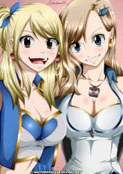 Rule 34 | 2girls, absurdres, blonde hair, blue eyes, blue ribbon, breasts, brown eyes, cleavage, earrings, eden&#039;s zero, fairy tail, hair ornament, hairclip, hectorponce98, highres, jewelry, large breasts, long hair, looking at viewer, lucy heartfilia, midriff, multiple girls, necklace, open mouth, ponytail, rebecca bluegarden, ribbon, simple background, smile, teeth, upper body
