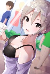 Rule 34 | 1girl, :d, bad id, bad pixiv id, bare shoulders, black bra, blurry, blurry background, bra, breasts, brown eyes, brown hair, cleavage, collarbone, commentary request, cup, day, depth of field, disposable cup, dress, dutch angle, earrings, faceless, faceless male, gomashi (goma), hair between eyes, holding, holding cup, idolmaster, idolmaster cinderella girls, jewelry, looking at viewer, looking to the side, medium breasts, necklace, off-shoulder dress, off shoulder, open mouth, outdoors, purple dress, shiomi syuko, smile, solo focus, underwear