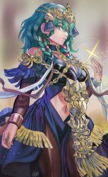 Rule 34 | 1girl, absurdres, braid, breasts, byleth (female) (fire emblem), byleth (fire emblem), cleavage, cosplay, dress, fire emblem, fire emblem: three houses, green eyes, green hair, hair ornament, hair ribbon, highres, jewelry, karmamissile731, large breasts, looking at viewer, magic, medium hair, navel, nintendo, official alternate costume, pantyhose, ribbon, ribbon braid, solo, sothis (fire emblem), sothis (fire emblem) (cosplay), tiara, twin braids