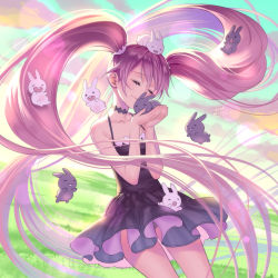 Rule 34 | 1girl, animal, animal on head, backlighting, bare arms, bare shoulders, black dress, choker, closed eyes, cloud, cowboy shot, cupping hands, day, dress, floating hair, foomidori, hair ornament, halterneck, long hair, meadow, on head, original, own hands together, purple hair, rabbit, rabbit on head, short dress, sky, sleeveless, sleeveless dress, smile, swept bangs, twintails, twintails day, w arms