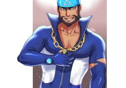 Rule 34 | 1boy, anchor necklace, archie (pokemon), bandana, beard, black eyes, blue bandana, blue bodysuit, bodysuit, brown hair, chain necklace, chips n cookies, commentary, creatures (company), dark-skinned male, dark skin, diving suit, facial hair, game freak, grin, jewelry, logo, looking at viewer, male focus, multicolored bodysuit, multicolored clothes, muscular, muscular male, mustache, necklace, nintendo, pectoral cleavage, pectorals, pokemon, pokemon oras, popped collar, short hair, signature, smile, solo, team aqua, teeth, torn bodysuit, torn clothes, upper body, wetsuit, white bodysuit