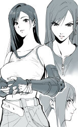 Rule 34 | 1girl, absurdres, adjusting clothes, adjusting gloves, belt, breasts, crop top, elbow gloves, final fantasy, final fantasy vii, fingerless gloves, gloves, greyscale, highres, ishii takamori, large breasts, long hair, looking at viewer, midriff, monochrome, multiple views, solo, square enix, swept bangs, tank top, tifa lockhart, zipper