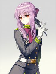 Rule 34 | 10s, 1girl, armband, bow, cowboy shot, flat chest, gloves, gradient background, grey background, hair bow, hiiragi shinoa, long hair, looking at viewer, owari no seraph, purple hair, red eyes, smile, solo, srb7606, uniform, white gloves