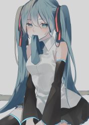 Rule 34 | 1girl, bare shoulders, between legs, black ribbon, black skirt, black sleeves, black thighhighs, blue eyes, blue hair, blue neckwear, commentary, cowboy shot, detached sleeves, grey background, hair ribbon, hand between legs, hatsune miku, highres, long hair, looking at viewer, miniskirt, mouth hold, necktie, necktie in mouth, neon trim, pleated skirt, ribbon, shirt, sitting, skirt, sleeveless, sleeveless shirt, striped ribbon, thighhighs, twintails, un known9999, very long hair, vocaloid, white shirt, zettai ryouiki