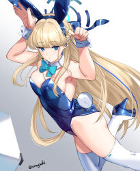 Rule 34 | 1girl, animal ears, aona (anagasaki), bare shoulders, blonde hair, blue archive, blue eyes, blue leotard, blush, breasts, detached collar, fake animal ears, fake tail, hair ribbon, halo, hands up, high heels, highleg, highleg leotard, highres, leotard, long hair, looking at viewer, medium breasts, official alternate costume, playboy bunny, rabbit ears, rabbit pose, rabbit tail, ribbon, solo, strapless, strapless leotard, tail, thighhighs, thighs, toki (blue archive), toki (bunny) (blue archive), very long hair, wrist cuffs