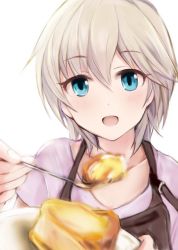 Rule 34 | 1girl, alternate costume, anastasia (idolmaster), blue eyes, blush, commentary request, feeding, food, hair between eyes, idolmaster, idolmaster cinderella girls, incoming food, looking at viewer, nannacy7, open mouth, pov feeding, short hair, silver hair, solo, spoon, upper body