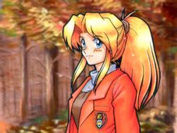 Rule 34 | 1girl, alternate costume, autumn, autumn leaves, blonde hair, blue eyes, blush, emblem, falling leaves, forest, jacket, leaf, long hair, looking at viewer, metal slug, nature, official art, ponytail, snk, solo, sophia greenville, sweater, third-party source, tree