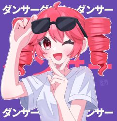 1girl absurdres adjusting_eyewear ahoge alternate_costume blush breasts double-parted_bangs drill_hair eyewear_on_head hair_between_eyes hands_up highres kasane_teto liar_dancer_(synthesizer_v) looking_at_viewer one_eye_closed open_mouth purple_background red_eyes red_hair shirt simple_background small_breasts solo sunglasses tonbofree tongue twin_drills utau v v_over_mouth white_shirt